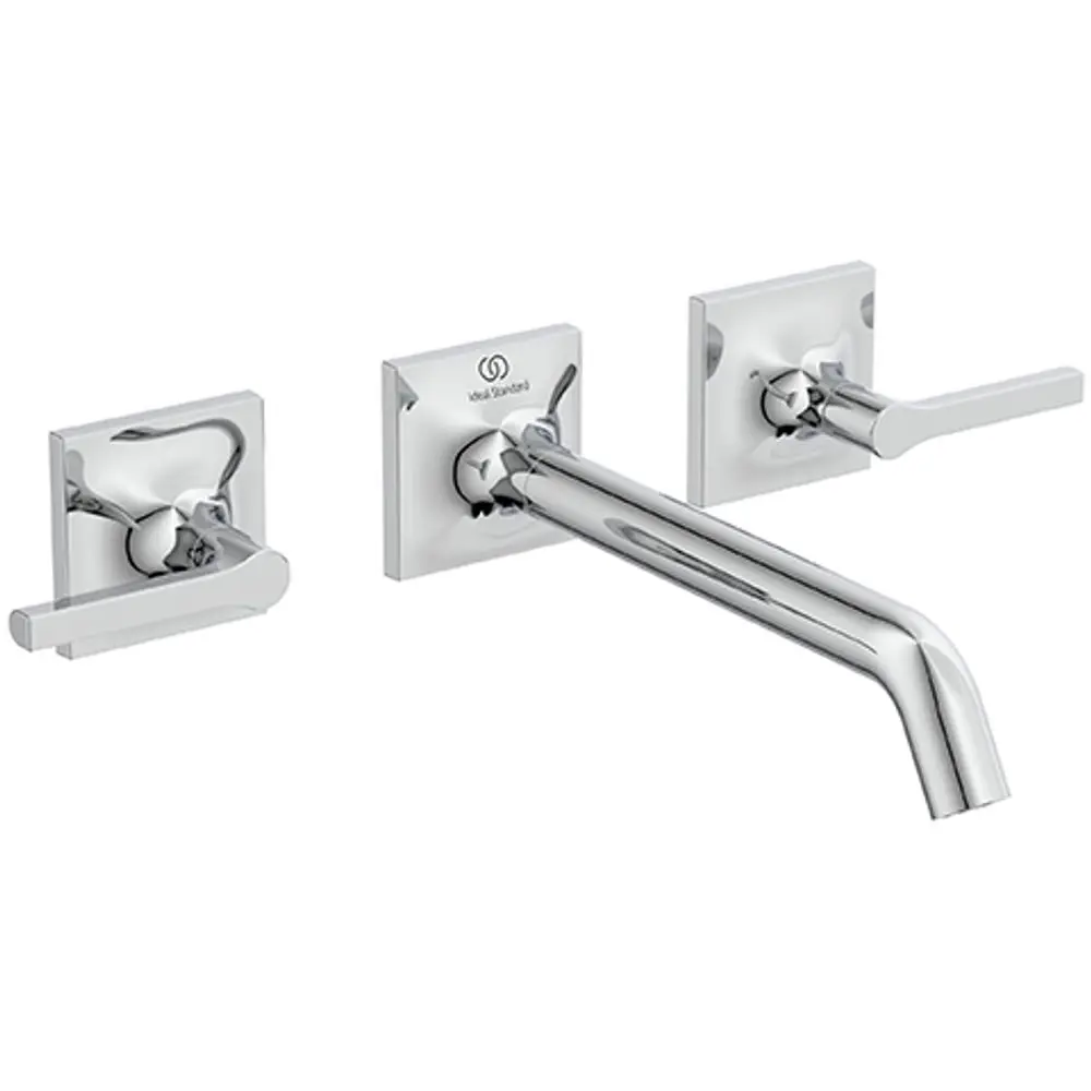 Wand-Waschtischarmatur in Chrom von Ideal Standard mit zwei Hebelgriffen und einem langen Auslauf, montiert auf einer rechteckigen Grundplatte.